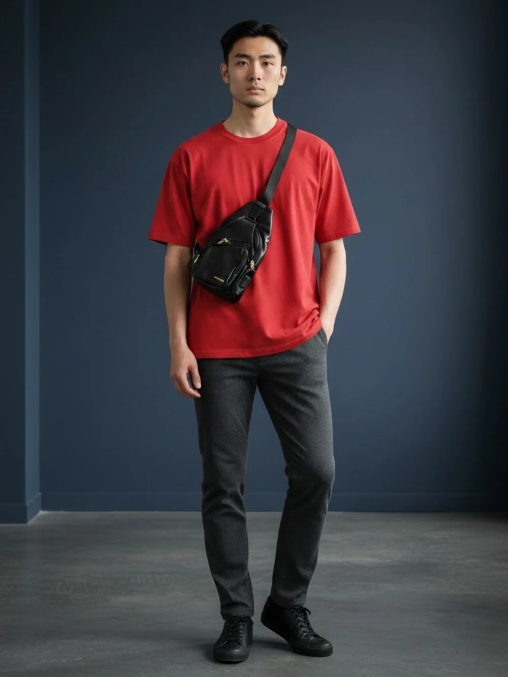 Black Leather-Effect Sling Messenger Bag with Front Zip Pockets